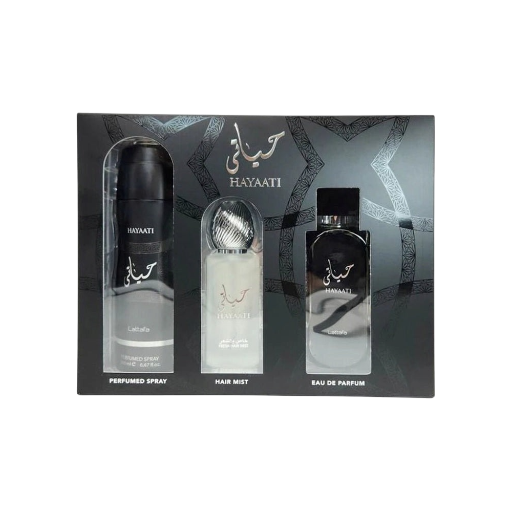LATTAFA SET HAYAATI BLACK MEN 3PCS GIFT SET 3.4 OZ EDP SP