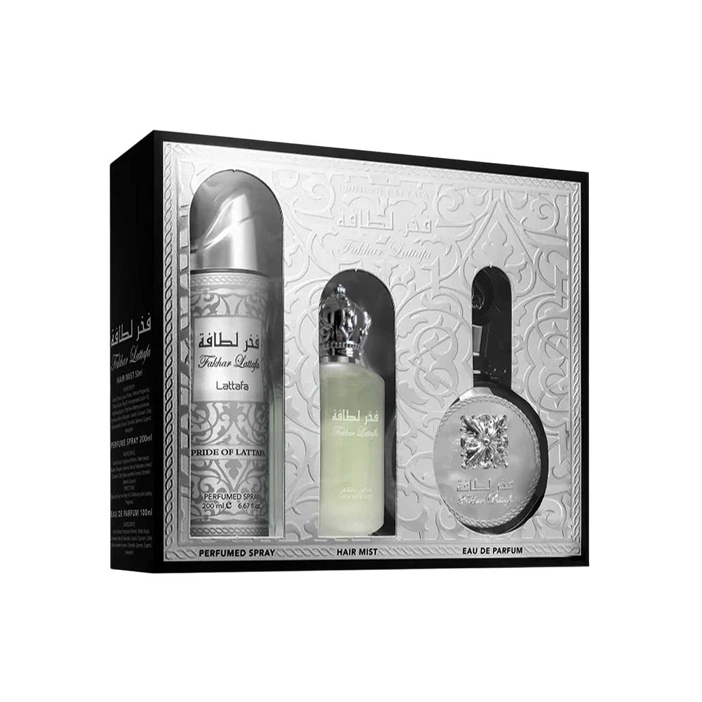 LATTAFA SET FAKHAR MEN 3PCS 3.4 OZ EDP/ 6.0 OZ DEO / 1.7 OZ HAIR MIST