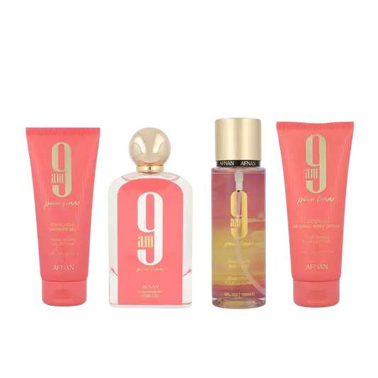 AFNAN SET 9AM WOMEN 4PCS 3.4 OZ EDP SP / SHOWER GEL / BODY MIST /BODY LOTION