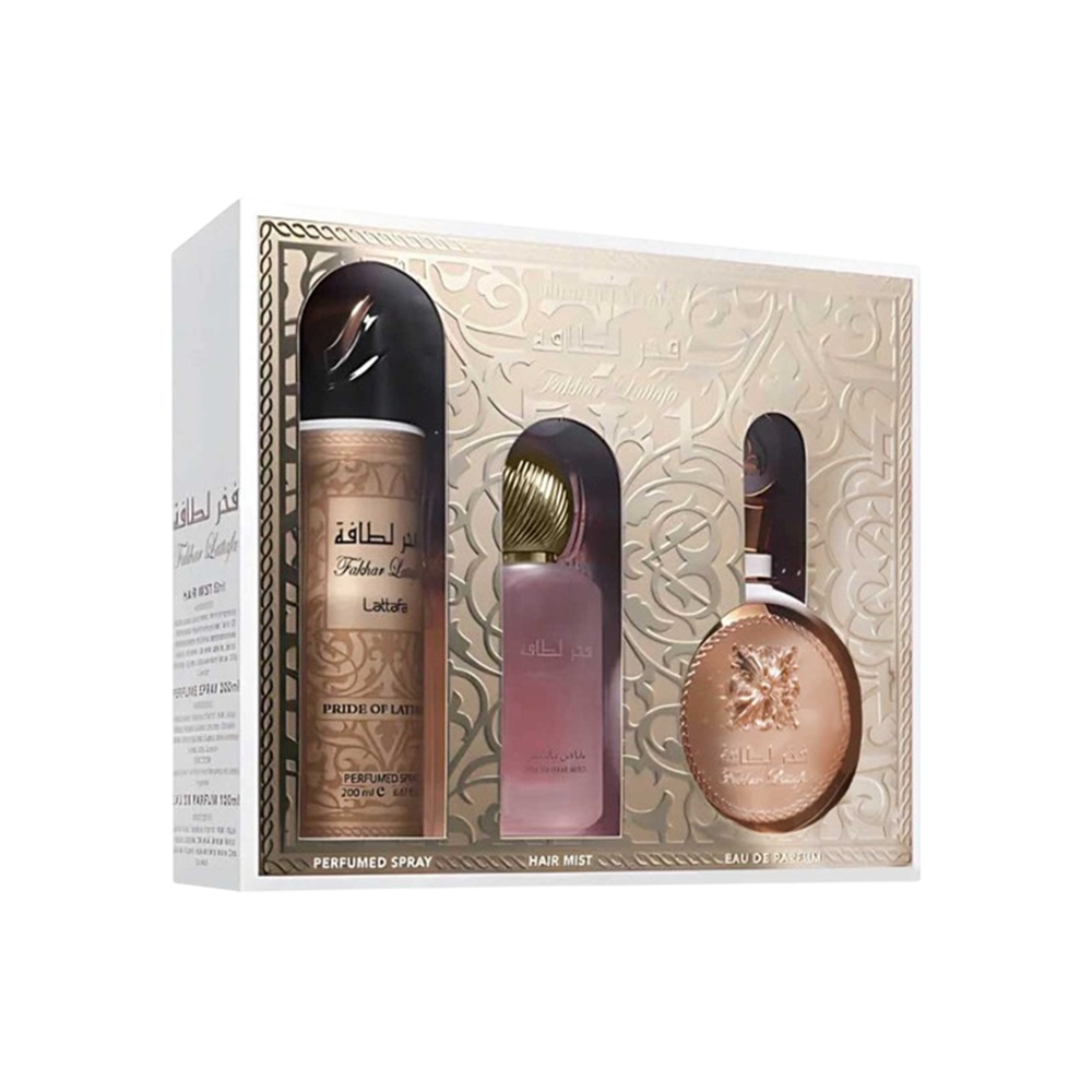LATTAFA SET FAKHAR WOMEN 3PCS 3.4 OZ EDP / 6.8 OZ DEO / 1.7 OZ HAIRMIST