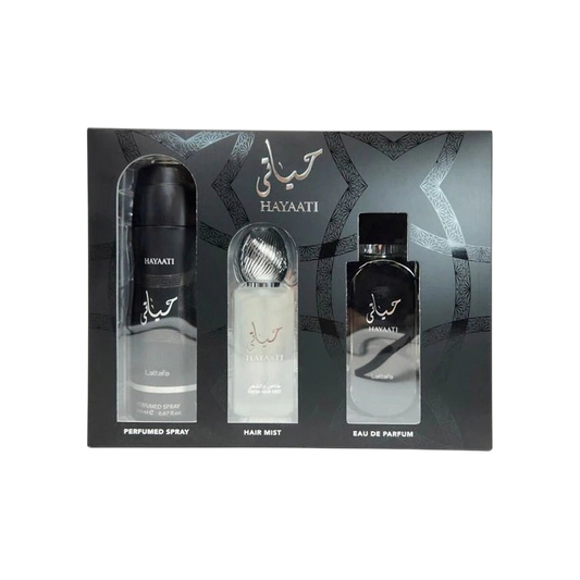 LATTAFA SET HAYAATI BLACK MEN 3PCS GIFT SET 3.4 OZ EDP SP