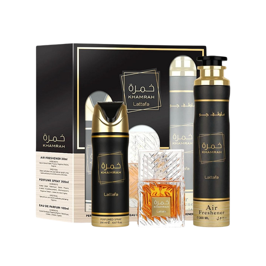LATTAFA SET KHAMRAH 3 PCS UNISEX 3.4 OZ EDP SP + 6.7 DEO + 10.10 AIR FRESHENER