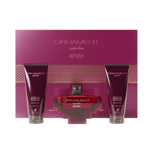 AFNAN SET ORNAMENT PURPLE ALLURE WOMEN 3PCS 3.4 EDP + 3.4BL + 3.4 SET GEL
