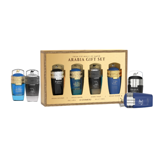 SET LE CHAMEAU ARABIA POUR MEN 4 PCS EXPLORER. HEROES. NASER. HAMAD 0.845 OZ EDP SP