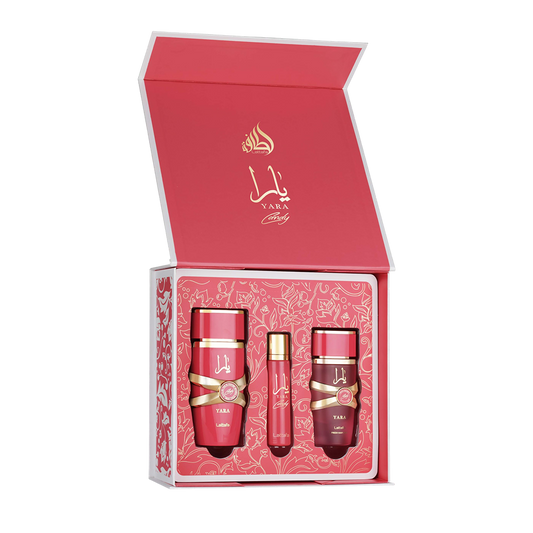 LATTAFA YARA CANDY 3 PCS GIFTSET WITH 3.4 OZ EDP + 0.4 OZ TRAVEL SP + 1.7 OZ HM