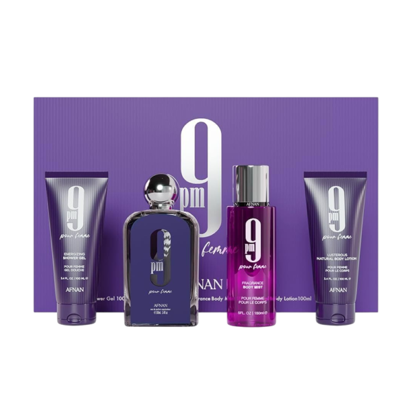 AFNAN SET 9PM WOMEN 4PCS 3.4 OZ EDP SP / SHOWER GEL / BODY MIST /BODY LOTION