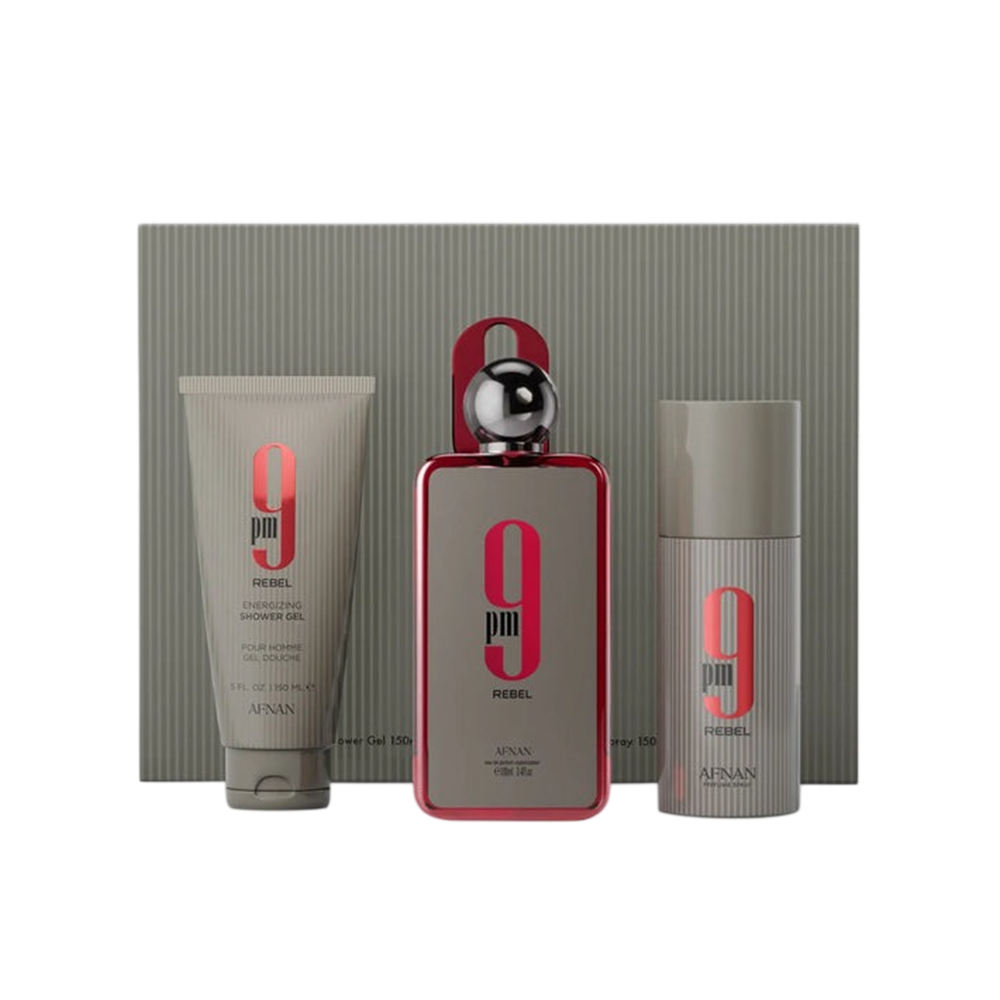 AFNAN 9PM REBEL UNISEX 3PCS SET 3.4 + S. GEL 5.0 + DEO 5.0
