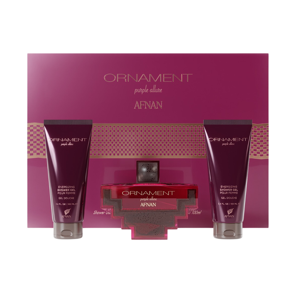 AFNAN SET ORNAMENT PURPLE ALLURE WOMEN 3PCS 3.4 EDP + 3.4BL + 3.4 SET GEL