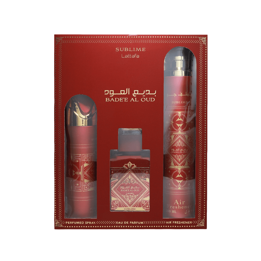 LATTAFA SET 3 PCS BADEE AL OUD SUBLIME 3.4 OZ EDP SP + PERFUMED SP + AIR FRESHENER