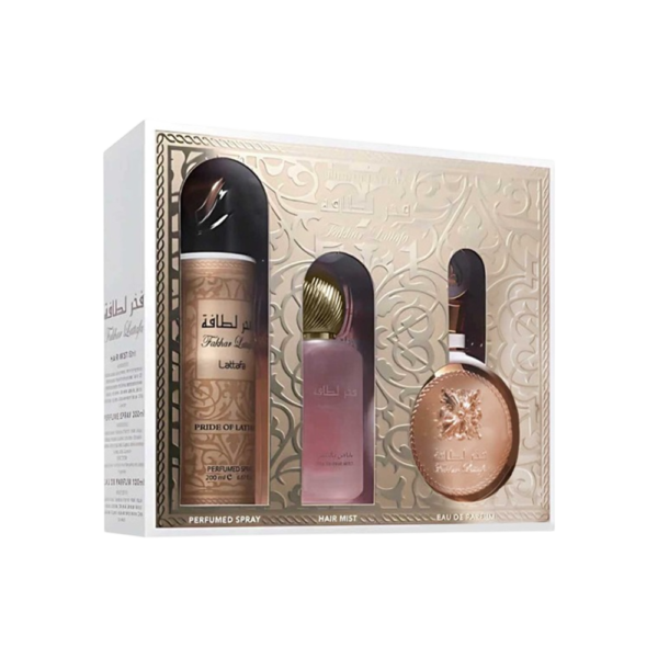 LATTAFA SET FAKHAR WOMEN 3PCS 3.4 OZ EDP / 6.8 OZ DEO / 1.7 OZ HAIRMIST