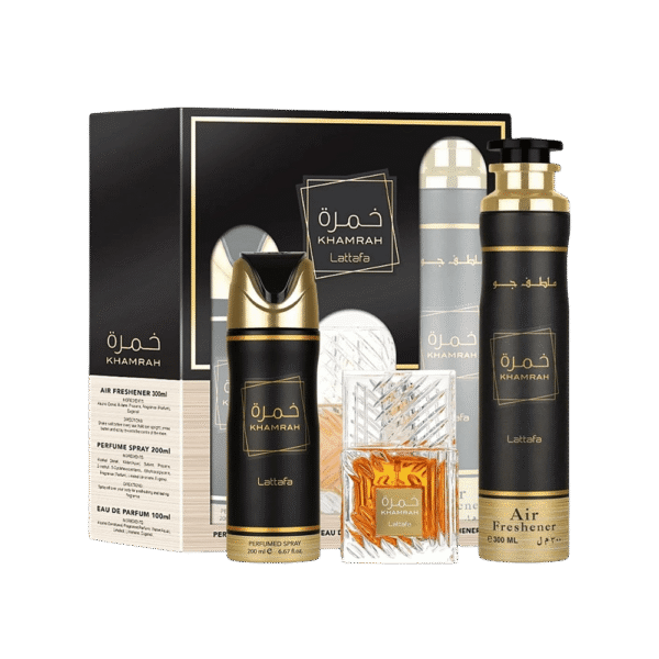 khamrah-set.png LATTAFA SET KHAMRAH 3 PCS UNISEX 3.4 OZ EDP SP + 6.7 DEO + 10.10 AIR FRESHENER