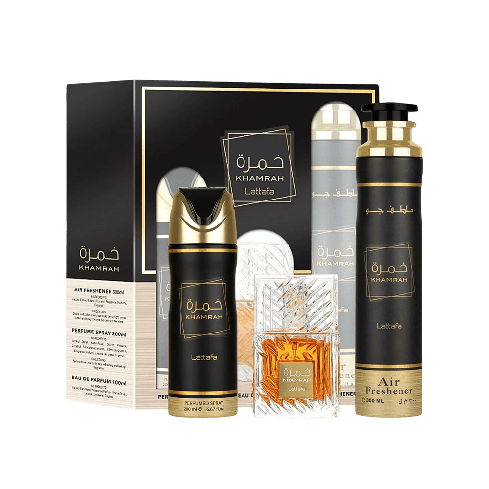 LATTAFA SET KHAMRAH 3 PCS UNISEX 3.4 OZ EDP SP + 6.7 DEO + 10.10 AIR FRESHENER