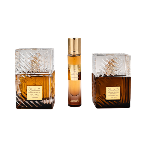 LATTAFA KHAMRAH QAHWA 3 PCS GIFTSET WITH 3.4 OZ EDP + 0.4 OZ TRAVEL SPRAY + HAIRMIST