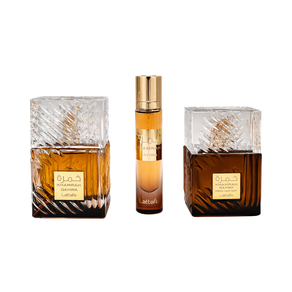 LATTAFA KHAMRAH QAHWA 3 PCS GIFTSET WITH 3.4 OZ EDP + 0.4 OZ TRAVEL SPRAY + HAIRMIST