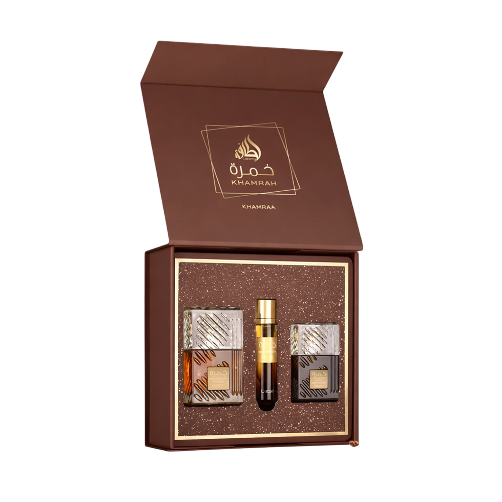 LATTAFA KHAMRAH QAHWA 3 PCS GIFTSET WITH 3.4 OZ EDP + 0.4 OZ TRAVEL SPRAY + HAIRMIST