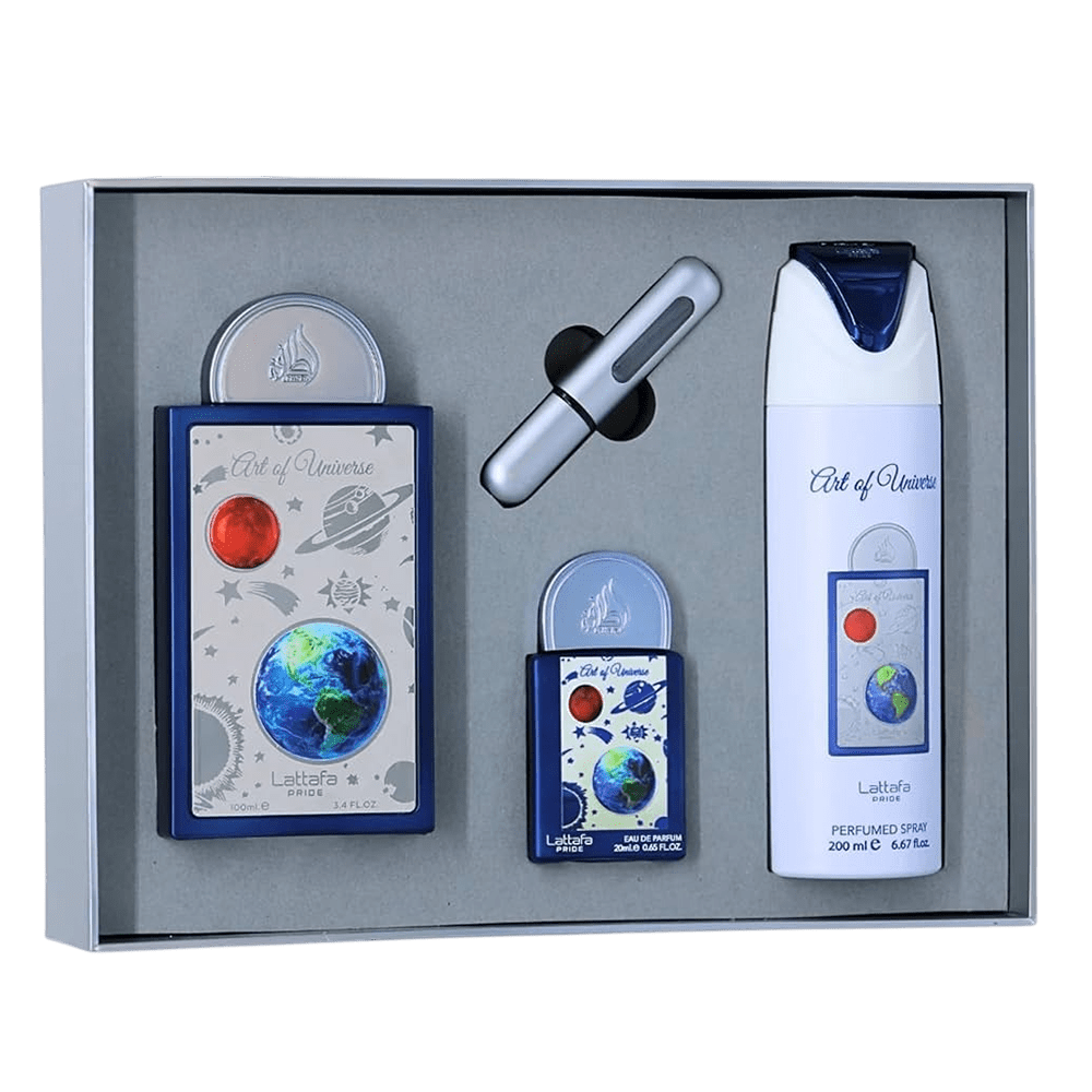 LATTAFA SET 3 PCS ART OF UNIVERSE 3.4OZ EDP SP+0.67 EDP + 6.7 DEO