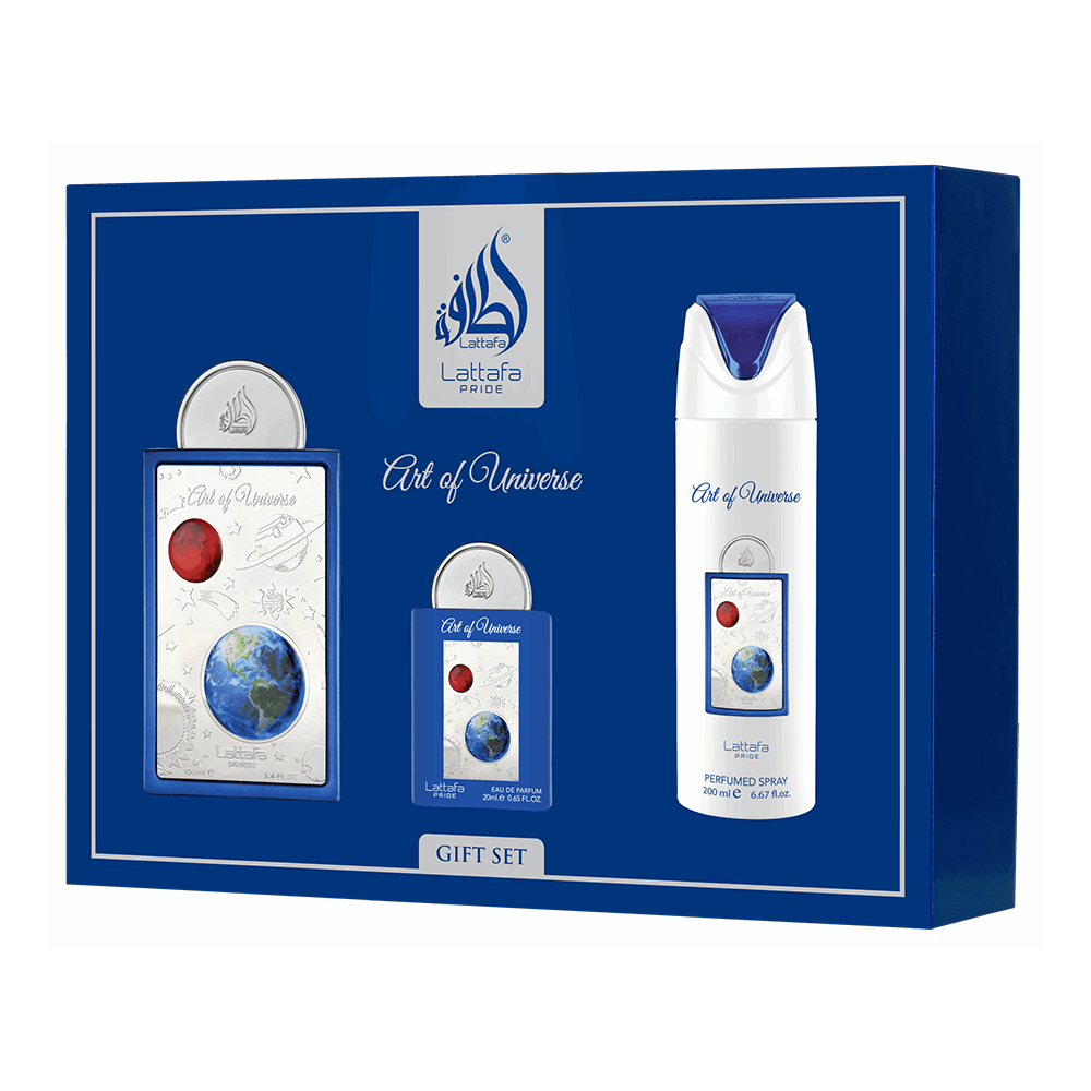 LATTAFA SET 3 PCS ART OF UNIVERSE 3.4OZ EDP SP+0.67 EDP + 6.7 DEO
