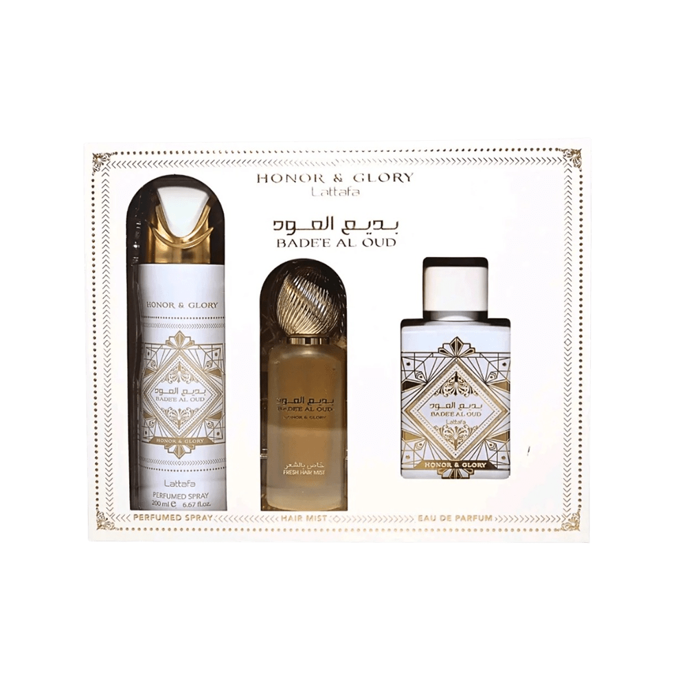 LATTAFA SET BADEE AL OUD HONOR AND GLORY 3 PCS SET 3.4 OZ EDP + HAIR MIST+PERF SP
