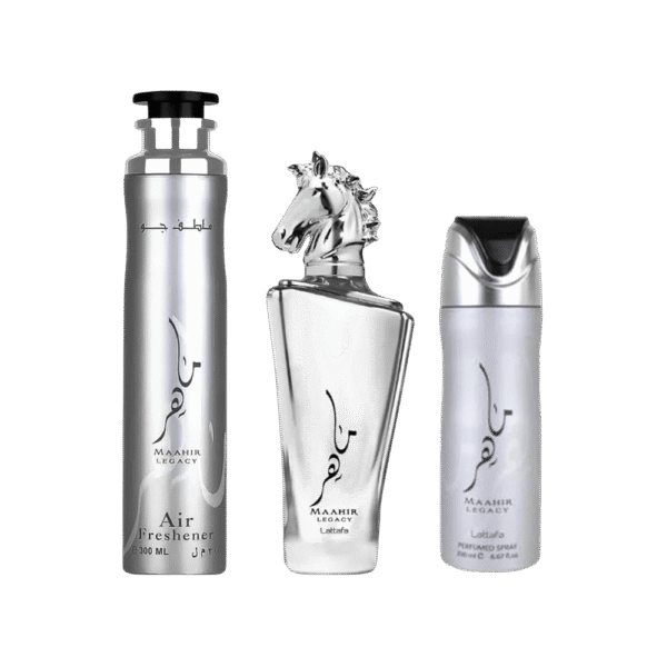 LATTAFA SET 3 PCS SET MAAHIR LEGACY MEN 3.4 OZ EDP SP + PERFUMED SP + AIR FRESHENER