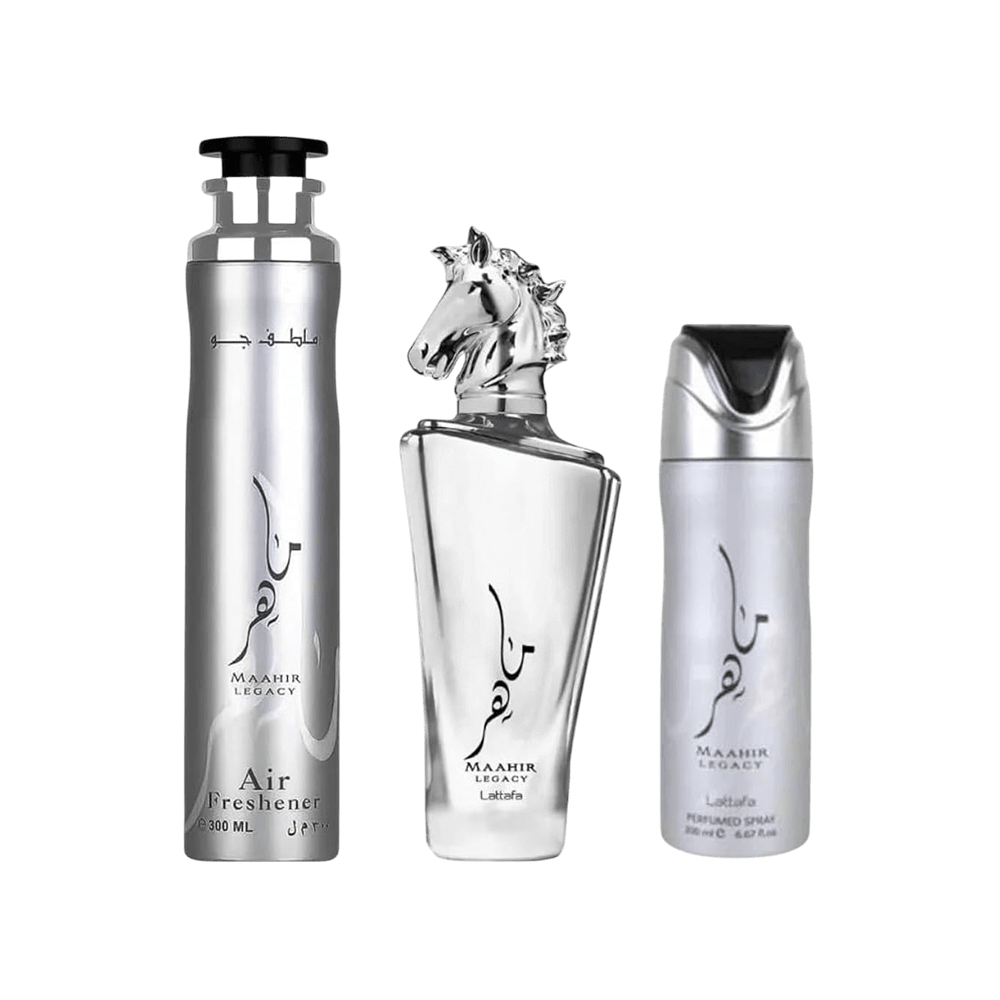 LATTAFA SET 3 PCS SET MAAHIR LEGACY MEN 3.4 OZ EDP SP + PERFUMED SP + AIR FRESHENER