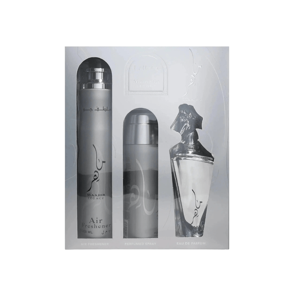 LATTAFA SET 3 PCS SET MAAHIR LEGACY MEN 3.4 OZ EDP SP + PERFUMED SP + AIR FRESHENER