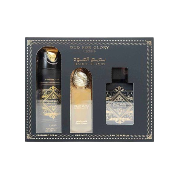 setOudforglory.png LATTAFA SET BADEE AL OUD FOR GLORY 3PCS 3.4 OZ EDP SP / 6.7 OZ DEO / 1.7 OZ HAIRMIST