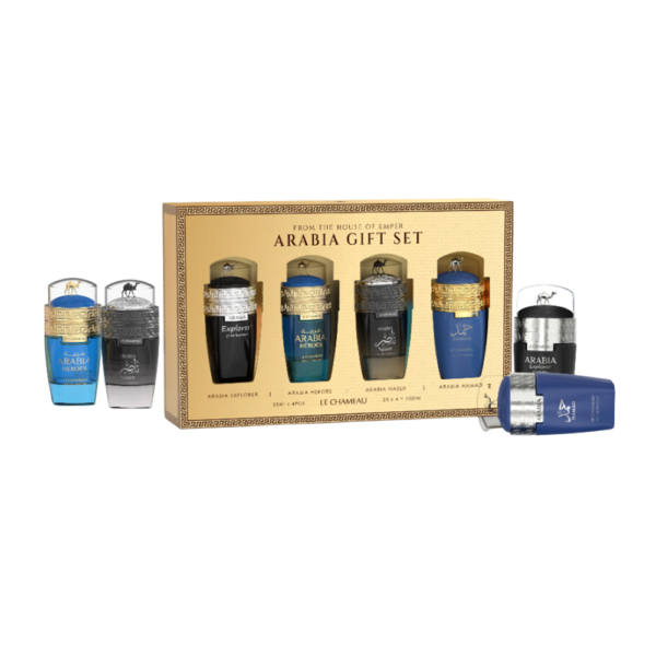 SET LE CHAMEAU ARABIA POUR MEN 4 PCS EXPLORER, HEROES, NASER, HAMAD 0.845 OZ EDP SP
