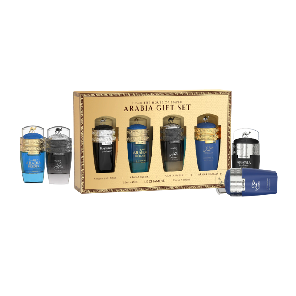 SET LE CHAMEAU ARABIA POUR MEN 4 PCS EXPLORER, HEROES, NASER, HAMAD 0.845 OZ EDP SP