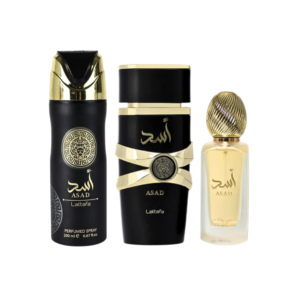 LATTAFA SET ASAD PERFUME 3.4OZ EDP + HAIR MIST + PERFUMED SPRAY