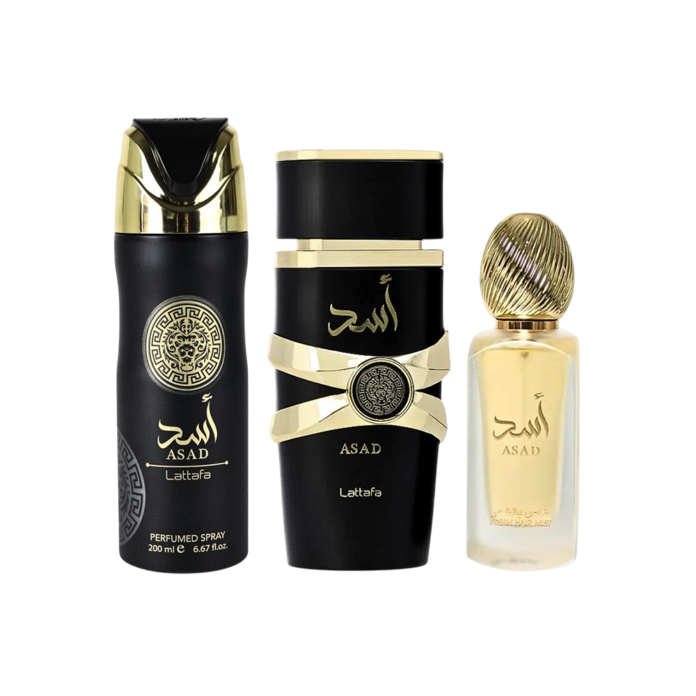 LATTAFA SET ASAD PERFUME 3.4OZ EDP + HAIR MIST + PERFUMED SPRAY