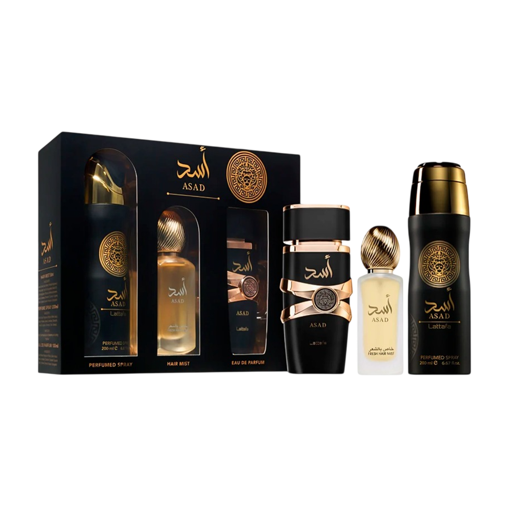 LATTAFA SET ASAD PERFUME 3.4OZ EDP + HAIR MIST + PERFUMED SPRAY