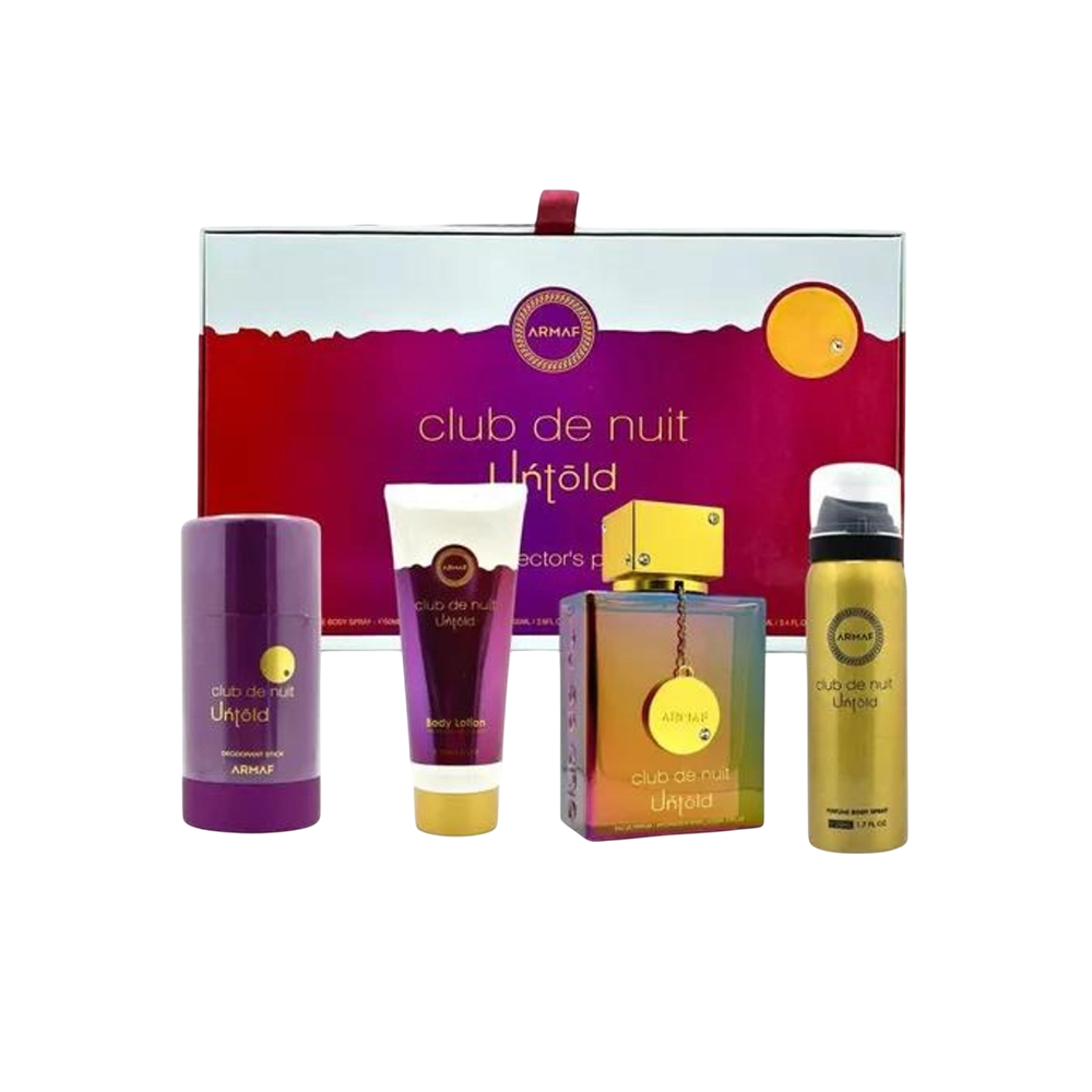 ARMAF SET CLUB DE NUIT UNTOLD 4 PCS 3.4 EDP/1.7 OZ BODY SPRAY/2.5 DEO STICK /100ML SHOWER
