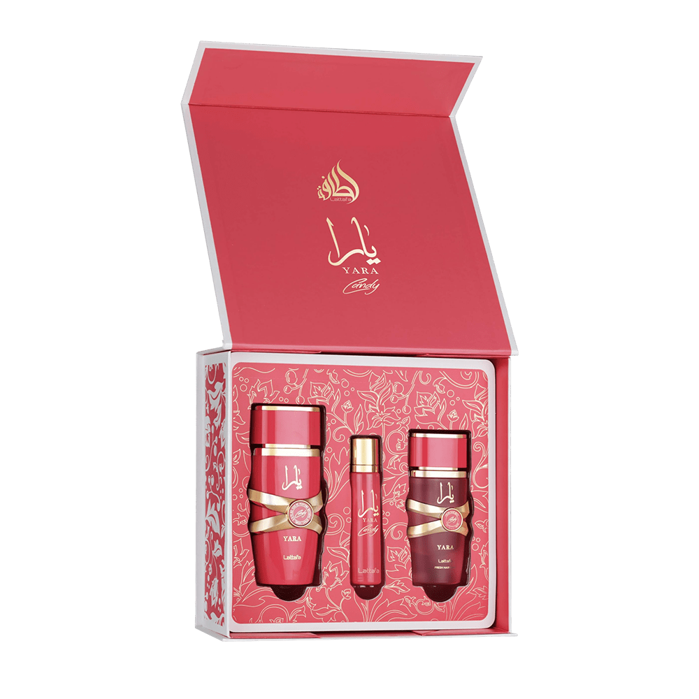 LATTAFA YARA CANDY 3 PCS GIFTSET WITH 3.4 OZ EDP + 0.4 OZ TRAVEL SP + 1.7 OZ HM
