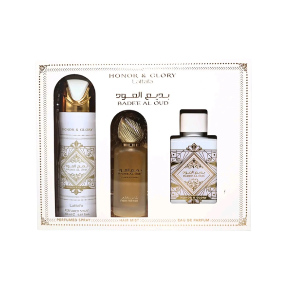 sethonorandglory.png LATTAFA SET BADEE AL OUD HONOR AND GLORY 3 PCS SET 3.4 OZ EDP + DEO SP +AIR FRESHENER