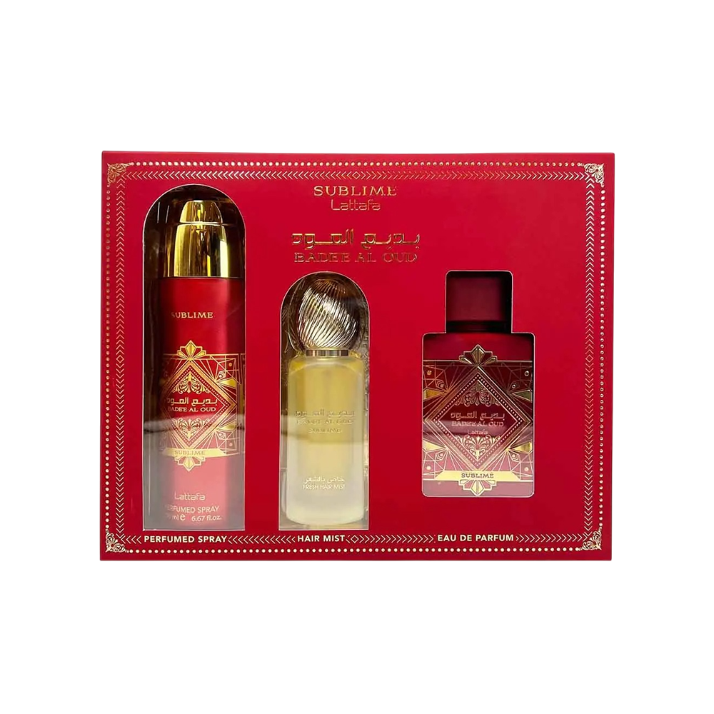LATTAFA SET 3 PCS BADEE AL OUD SUBLIME 3.4 OZ EDP SP + PERFUMED SP + HAIR MIST