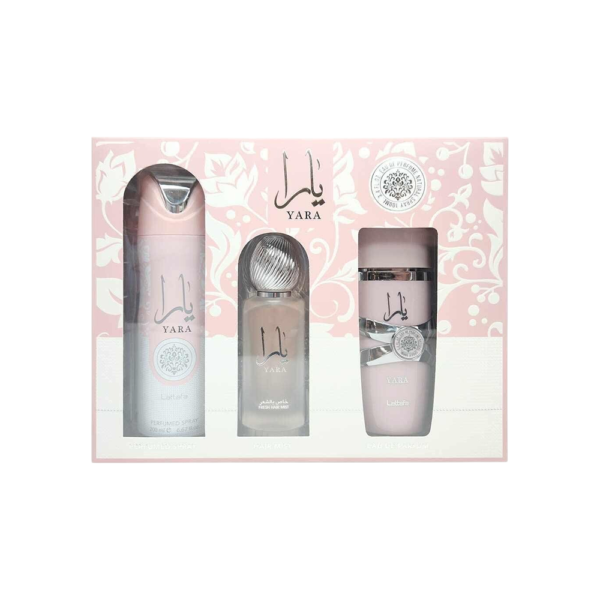 LATTAFA SET YARA WOMEN 3 PCS 3.4 OZ EDP SP + AIR FRESH + PERFUMED SPRAY